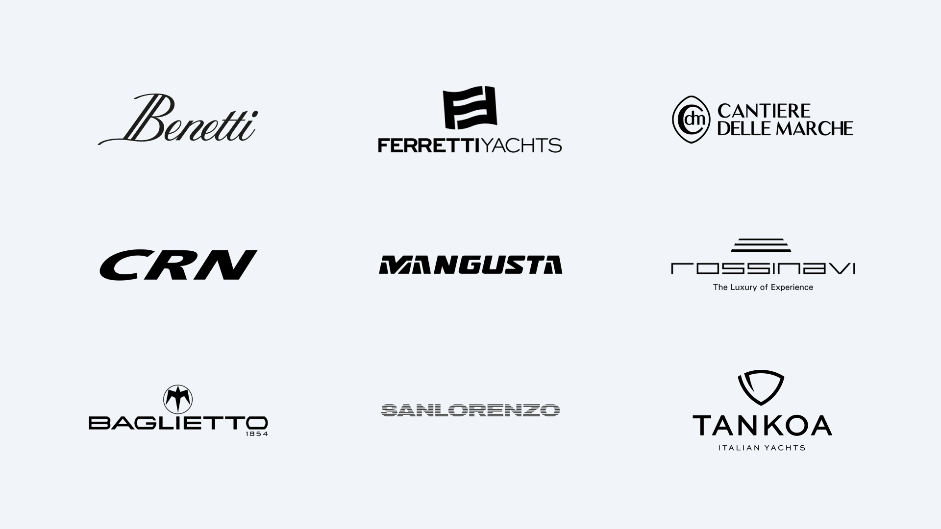 Italian shipyard brand logo grid: Benetti, Ferretti, Cantiere delle Marche, Baglietto, Sanlorenzo