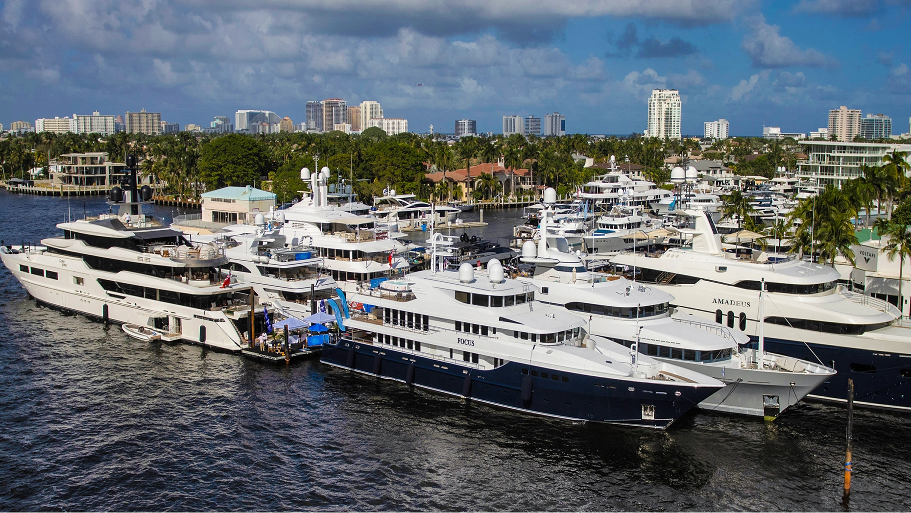 Las Olas Marina yacht display along New River in downtown Fort Lauderdale during boat show
