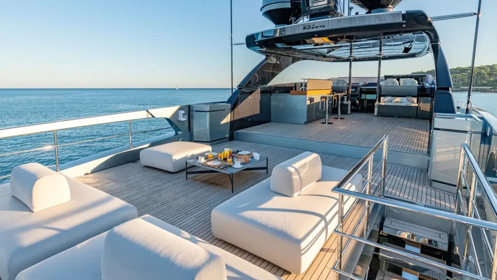 2024 Riva 110 Dolcevita TAKU side profile showcasing three-deck layout with aft entertaining area, flybridge bar, custom hardtop, and gray-green hull over turquoise water