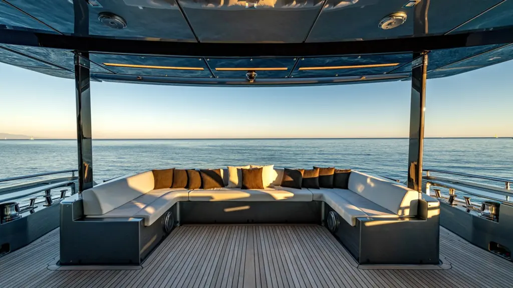 2024 Riva 110 Dolcevita TAKU flybridge featuring wraparound gray seating with bronze accent pillows, black hardtop with ambient lighting, and panoramic ocean views at sunset