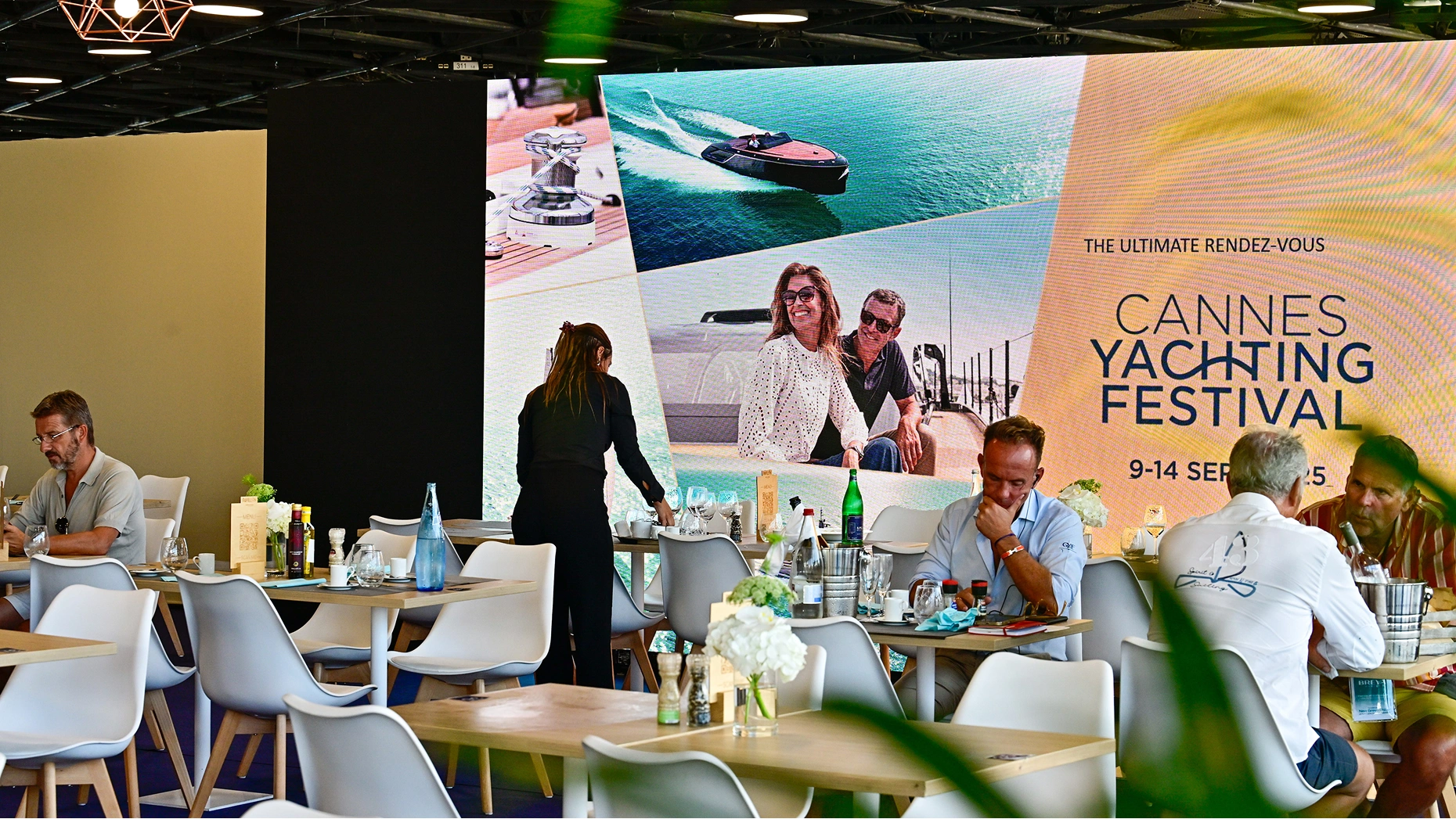 Panoramic Restaurant rooftop Palais des Festivals with views of Vieux Port yachts and Cannes bay