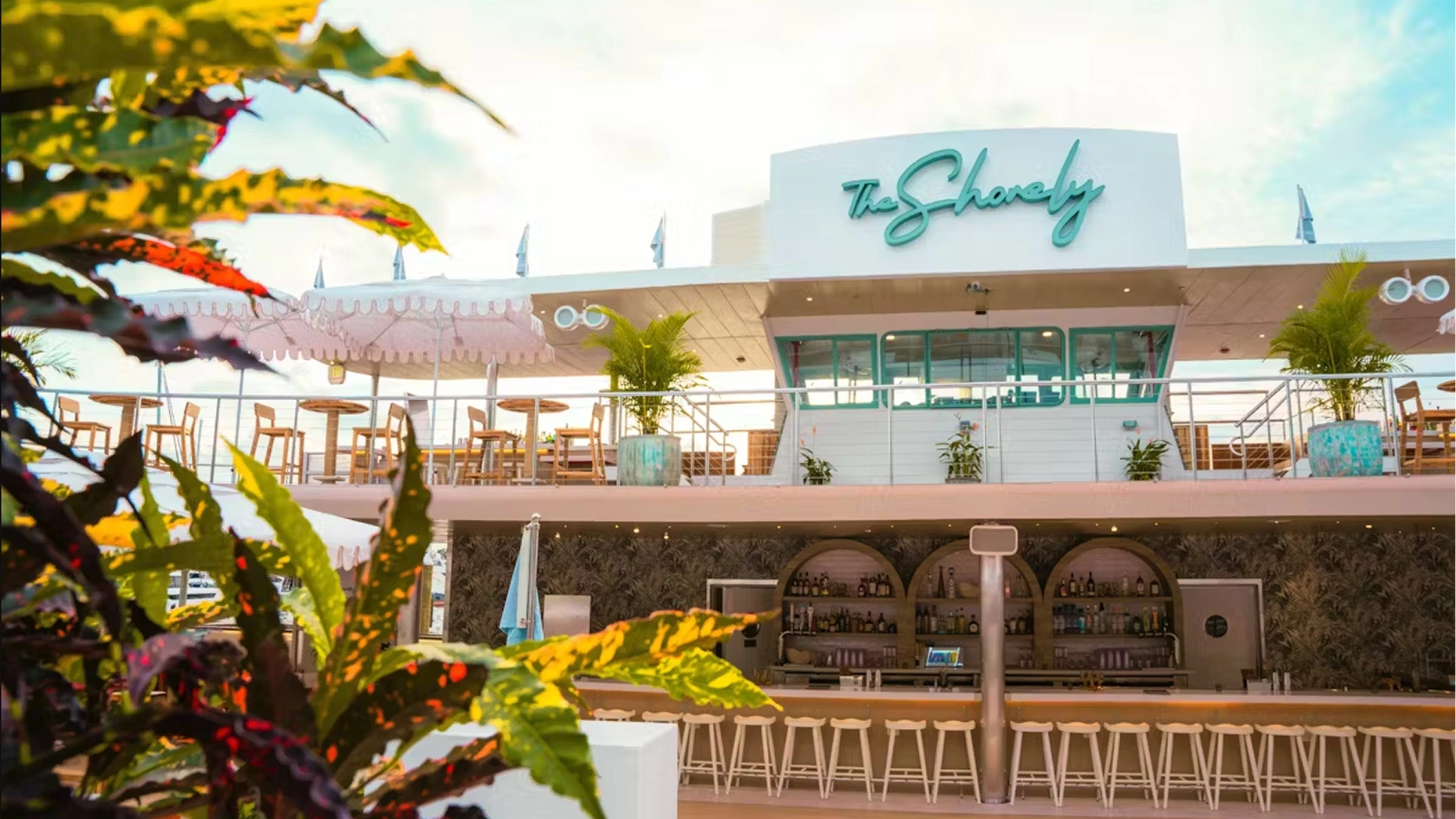 The Shorely floating ferry bar at Marina Village Fort Lauderdale with waterfront views and multiple deck levels