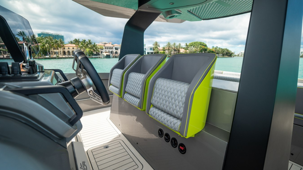 Maori M46 Mako cockpit seating area with helm station, outdoor galley, and expansive lounge space