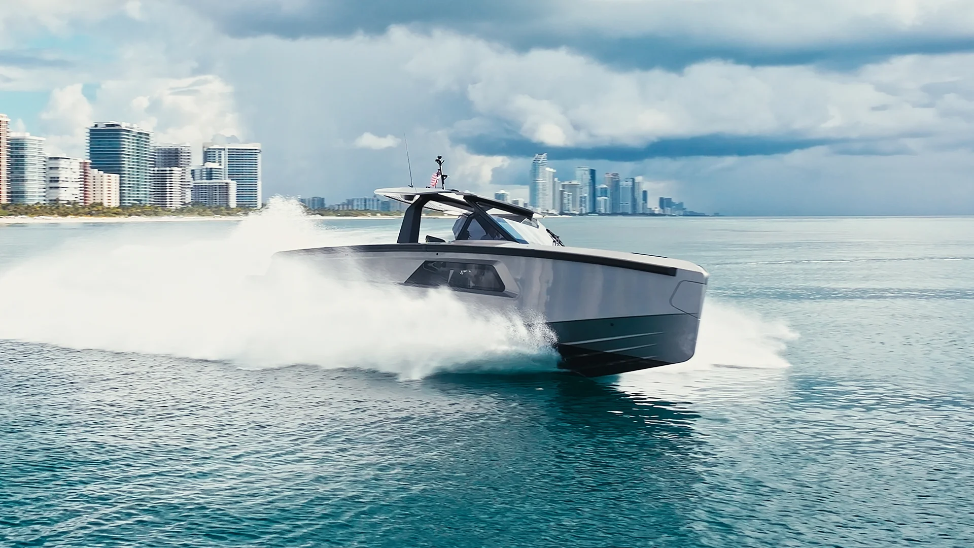 2024 Maori M46 Mako luxury performance yacht exterior profile with sleek fiberglass hull design