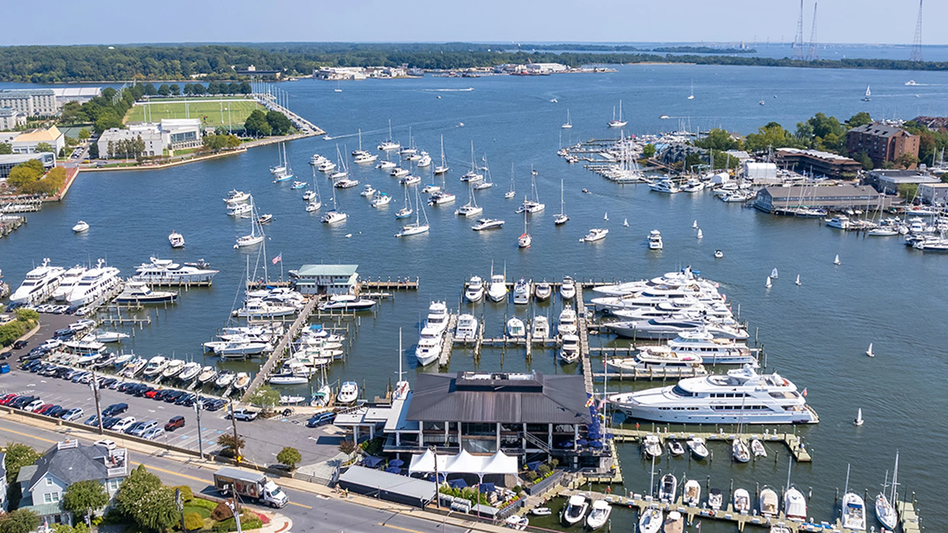 Yachts docked in Annapolis Harbor on July 4th near the U.S. Naval Academy