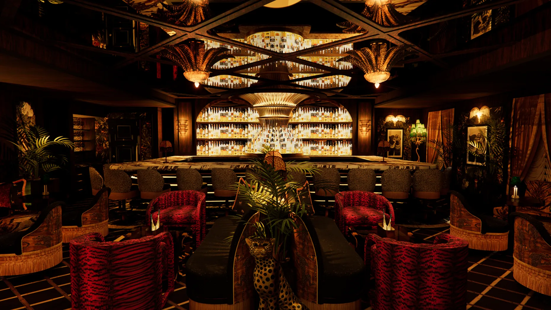 Moody lounge at Caviar Club Fort Lauderdale with a backlit bottle wall, red tiger-print chairs and a leopard statue