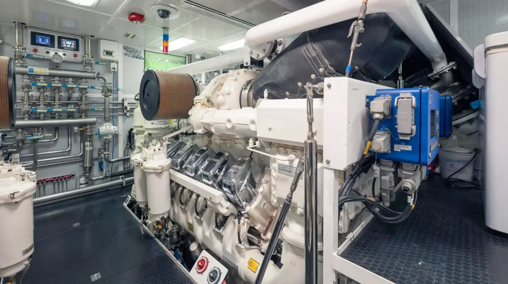 Twin MTU 12V4000 diesel engines in FAR NIENTE engine room — 2014 Westport 40M Tri Deck