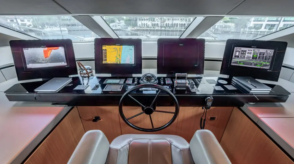 Helm station aboard 2023 Sanlorenzo SL120A SOFI VI with Raymarine Cyclone radar and full navigation electronics