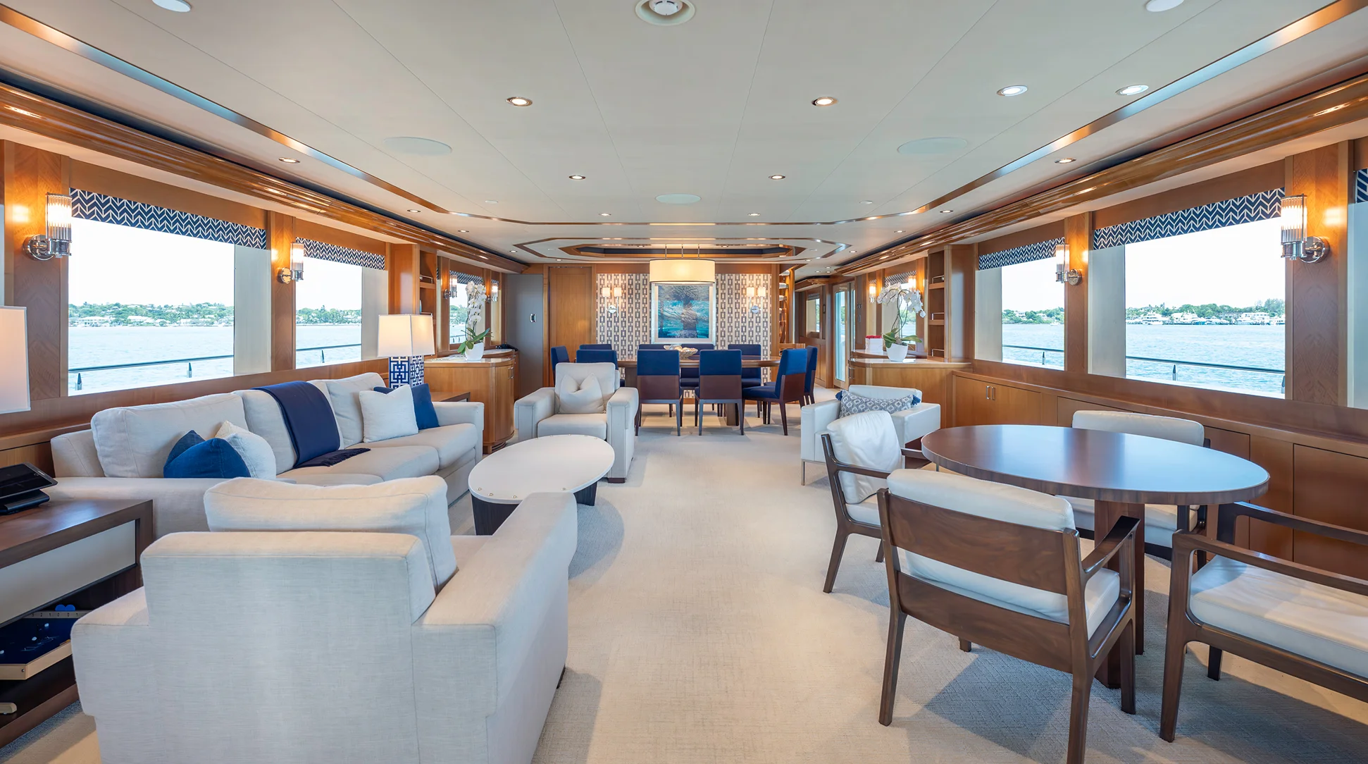 Main salon and formal dining aboard FAR NIENTE 2014 Westport 40M Tri Deck