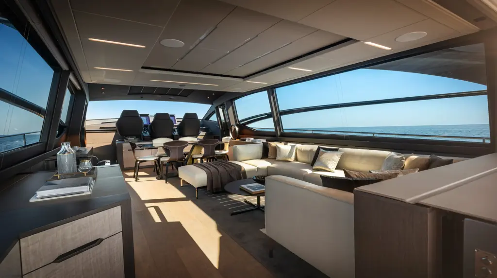 Pershing 8X cockpit and salon with sliding doors open, creating 50 square meters of integrated entertaining space