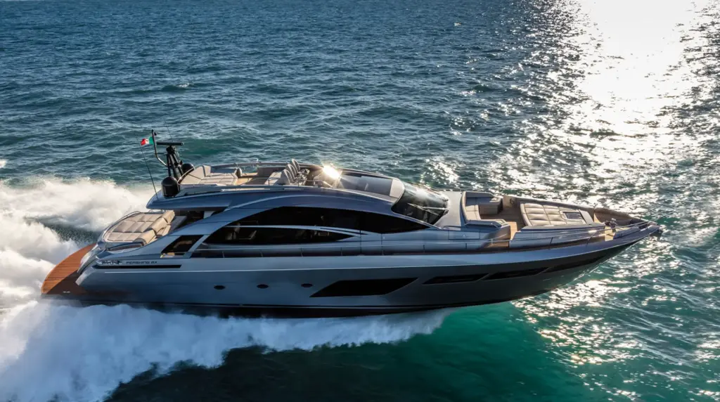 Pershing 8X underway at 41 knots, demonstrating the yacht's racing powerboat engineering